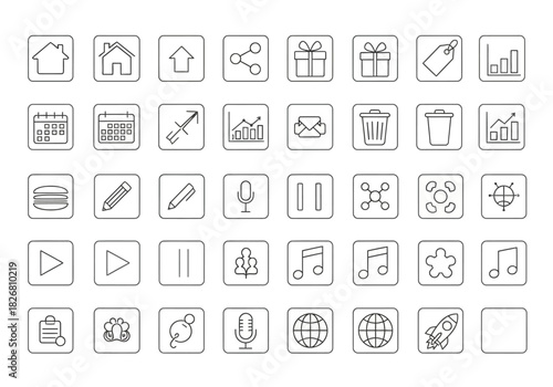 A grid of 49 simple black and white outline icons in square containers