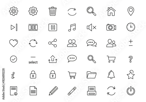 A grid of 49 black outline icons for user interface design