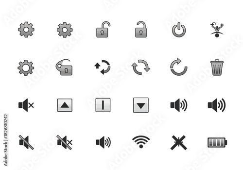 A grid of grayscale interface icons featuring gears locks arrows volume controls and battery symbols