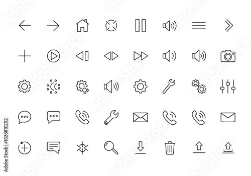 Black and white line art icon set displayed in five rows of eleven icons each