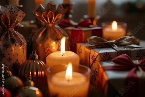 Festive arrangement of gifts ornaments and candles creating a warm holiday atmosphere indoors