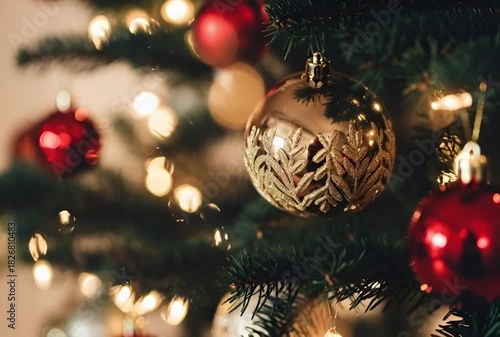 Close up of christmas tree with red and gold ornaments and blurred lights in background