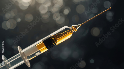 Close-up of syringe containing golden vitamin serum or vaccine. Premium medical concept of aesthetic injection or expensive cure on dark background.
