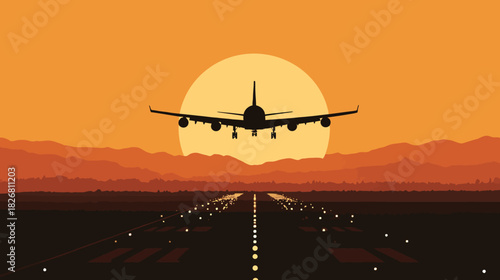 Commercial jetliner taking off or landing at sunset on an illuminated airport runway with mountain silhouettes. Vector travel illustration.