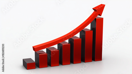 Free Download Gráfico tridimensional vermelho com barras crescentes e seta apontando para cima, representando alta no mercado, valorização, crescimento econômico, lucro, investimentos e expansão financeira - GFXLoad