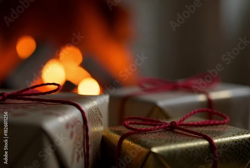 Wrapped presents with red bows in front of a blurred fireplace creating a cozy atmosphere