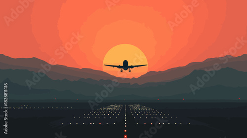 Minimalist vector illustration of an airplane taking off from an illuminated runway at sunset, with mountains in the background. Travel and aviation concept.