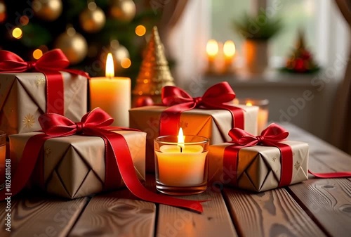 Christmas presents with red ribbons and candles on a wooden table near a christmas tree