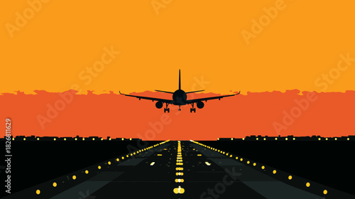 Silhouette of a passenger airplane landing on an illuminated airport runway at sunset or sunrise, representing global travel and aviation.