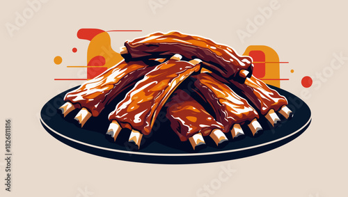 Savory barbecue ribs stacked on a black plate with colorful background