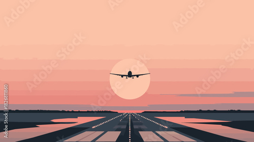 Minimalist vector illustration of an airplane taking off from a runway at sunset, symbolizing travel, journey, and departure.