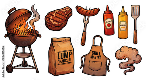 BBQ Grill Food and Accessories Illustration - A Collection of Grilling Essentials