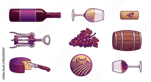 Wine, Grapes, and Cheese A Collection of Wine-Themed Icons for Design and Illustration