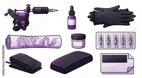 A complete set of professional tattoo artist equipment, including a machine, ink, needles, and other essential studio supplies for creating body art