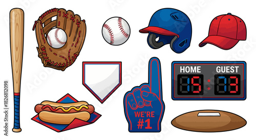 Baseball Essentials A Collection of Icons Featuring Bat, Glove, Ball, Helmet, and Other Gear for Sports Design