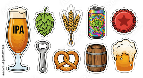 A vibrant collection of cartoon stickers featuring popular beer and brewing elements, ideal for pub designs, craft beverage themes, and celebration graphics