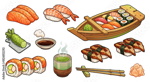 Sushi Selection A Delicious and Colorful Illustration of Japanese Cuisine and Sushi Rolls