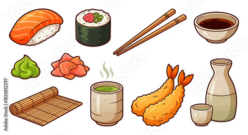 Delicious Japanese Sushi and Tempura Food Illustrations with Chopsticks and Green Tea