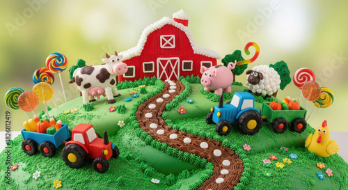 Whimsical farm themed birthday cake with edible animals, tractors.