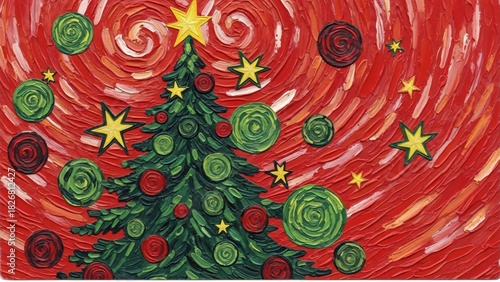 Christmas tree with painterly texture and holiday decorations