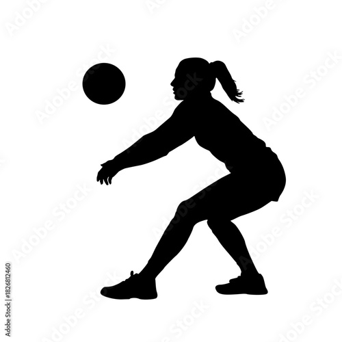 Silhouette of female volleyball player bumping a ball on white background