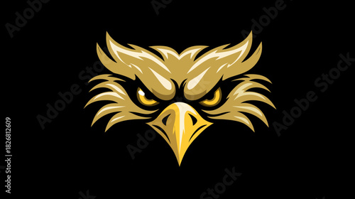 Fierce golden eagle head illustration with intense eyes, powerful raptor design on black background, wildlife predator mascot icon.