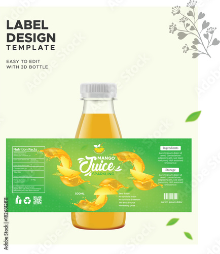Bottle of mango juice with label design template shown