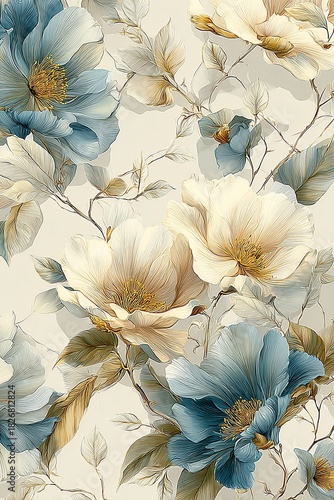 Romantic and delicate, luxurious seamless floral pattern featuring detailed blooming flowers, soft leaves, and graceful botanical vines