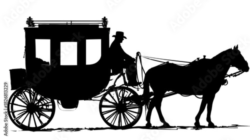 Vintage Horse-Drawn Coach with Driver Silhouette. Classic Old-Fashioned Carriage for Historical Transport Illustration