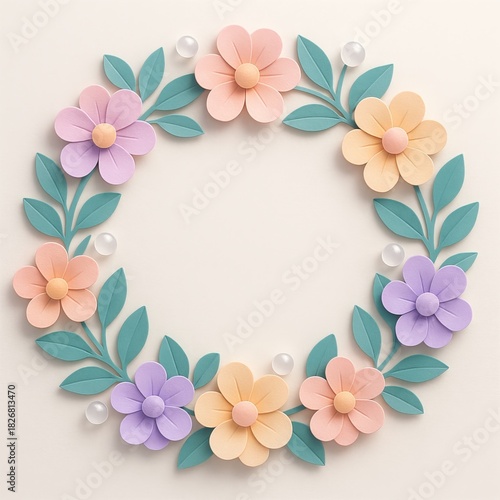 Decorative circular floral frame with pastel blossoms and glass-like berries, clean geometric leaf layering