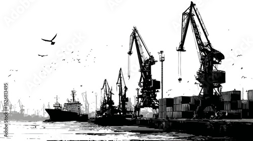 Striking high-contrast black and white industrial port scene with cargo cranes, shipping containers, and a large docked vessel.