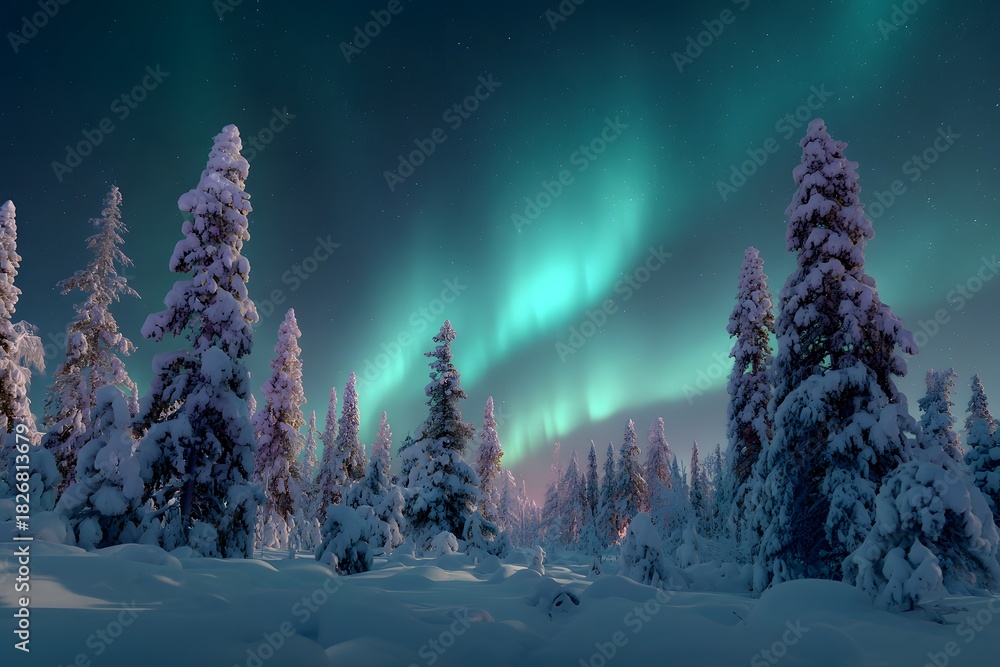 Fototapeta premium Snowy countryside under shimmering green and purple aurora borealis above snow covered hills and trees serene winter holiday nightscape winter sunset in the mountains