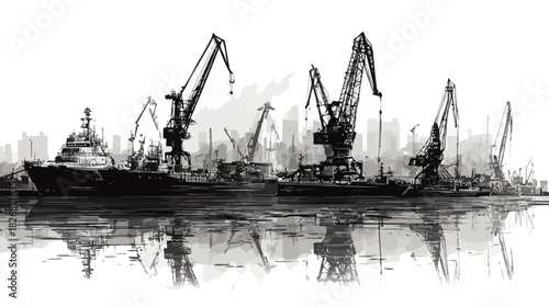 Industrial port with cargo ships and towering cranes, reflected in water. Black and white illustration of shipping activity and logistics.