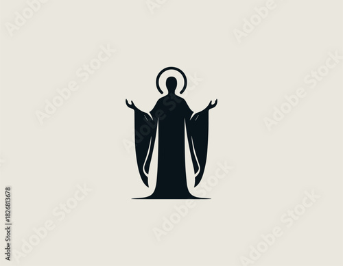 Mystical black vector silhouette of a serene robed figure with a halo, holding a crescent moon shape and a solid orb or planet in its outstretched hands.