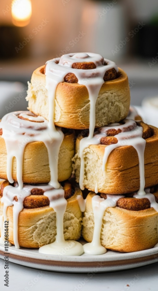 Naklejka premium A stack of cinnamon rolls with white icing drizzled on top sitting on a white plate dessert