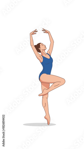 Dancer performing ballet pose while wearing blue leotard on white background  