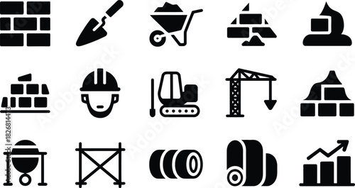 Construction industry icons set representing building materials equipment safety gear and progress providing a visual language for construction projects and development