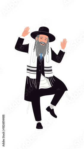 Jewish man dancing joyfully in traditional attire with hat  