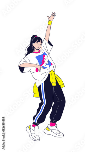 Young woman dancing in colorful athletic outfit with vibrant accessories  
