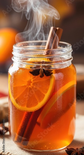 Steaming hot spiced cider in a mason jar with orange slices and cinnamon sticks on a wooden surface