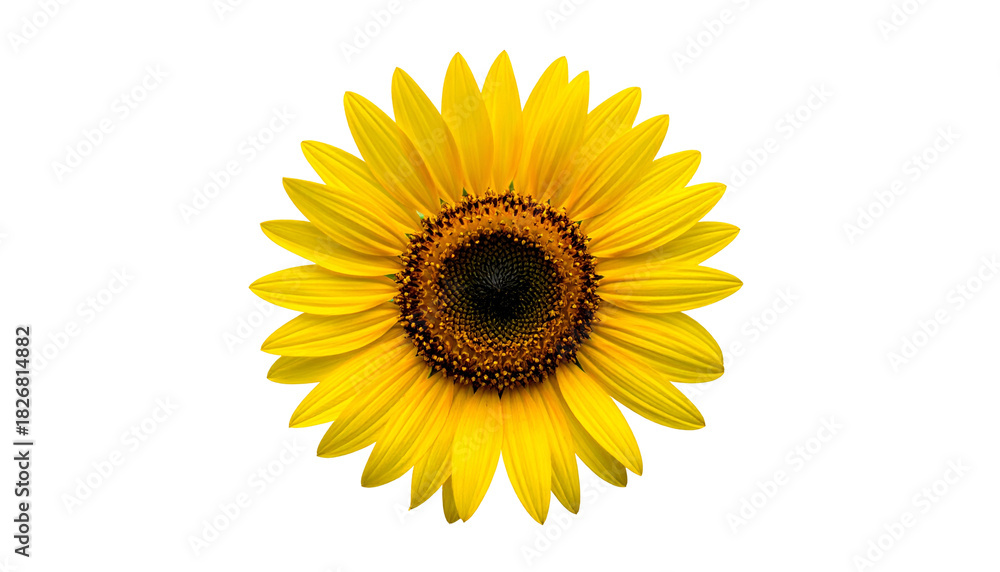 Fototapeta premium Vivid, isolated sunflower head with dark center, against a stark black background