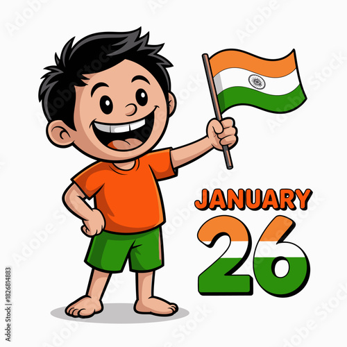 Cartoon Child Holding Indian Flag with January 26 Text - Republic Day Illustration.