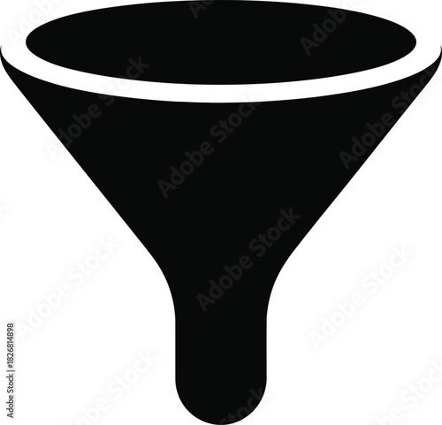 Black funnel icon, minimalist. symbolizes data filtering, process optimization, sales conversion, progression for business, marketing, and technology.