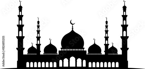 Elegant Silhouette of a Mosque A Symbol of Islamic Culture and Architecture, Featuring Domes and Minarets, Representing Faith and Tradition