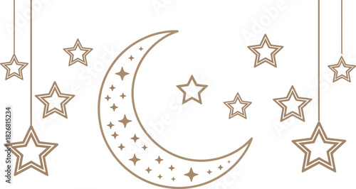 Minimalist celestial line art illustration featuring a crescent moon and hanging star ornaments. This decorative design is isolated on a white background, perfect for festive or spiritual themes