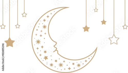 Golden crescent moon with a face and hanging stars illustration. Celestial, mystical symbol for night, sleep, and dreams on a white background