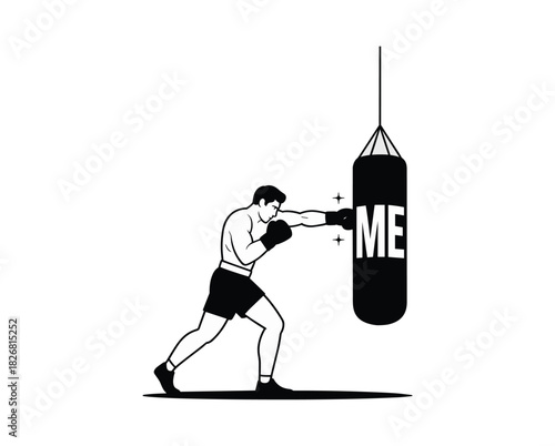 Boxer training with a punching bag labeled ME boxing workout.