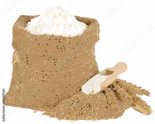 Sack of flour with wheat grains and wooden scoop