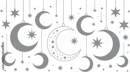 Celestial Collection of Hanging Crescent Moons and Stars, Festive and Magical Decor