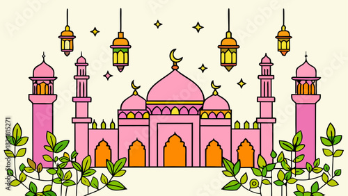 Pink mosque with lanterns and green leaf plants
